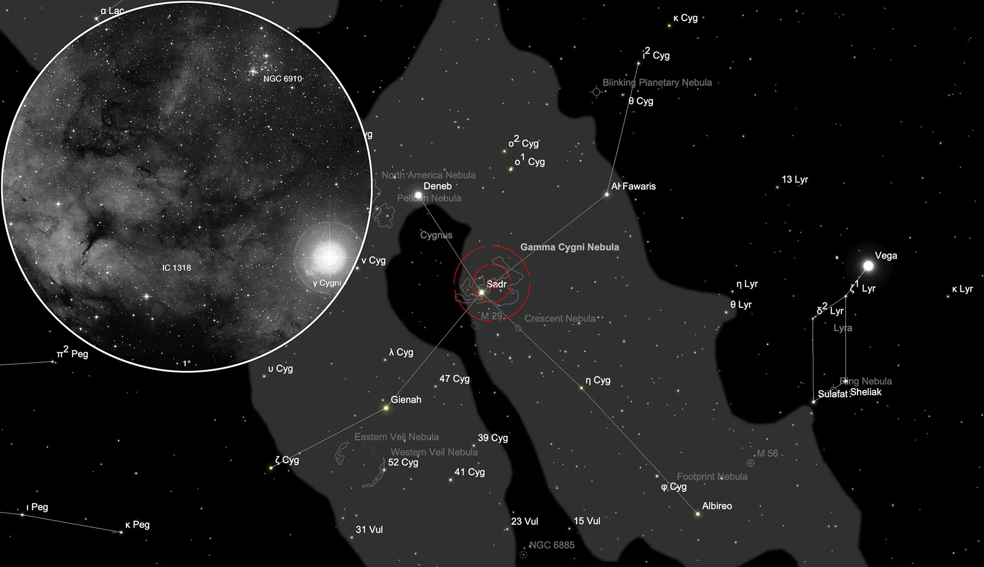Finder Chart Gamma Cygni Nebula (IC 1318) & Open Cluster NGC 6910