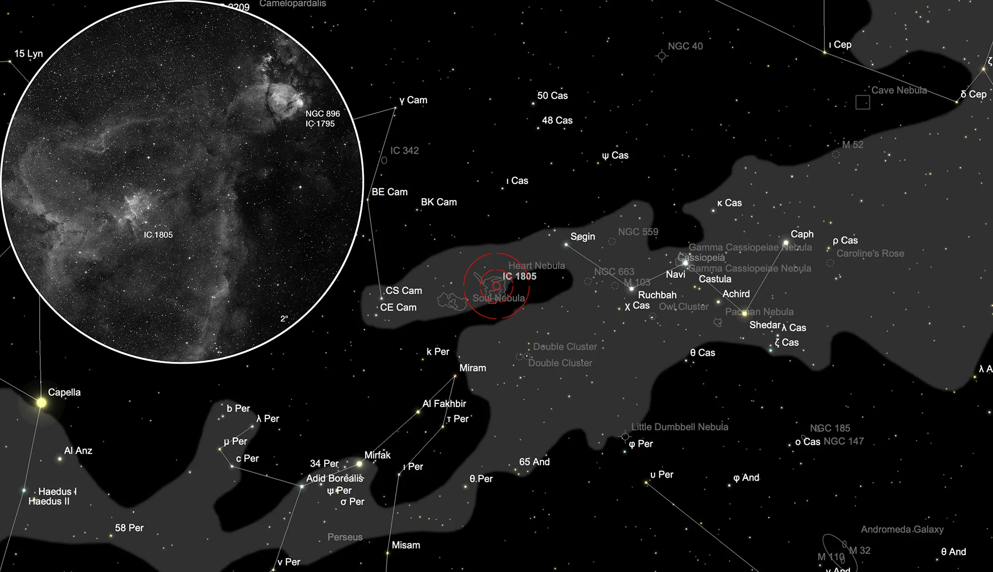 Finder Chart Heart Nebula (IC 1805)
