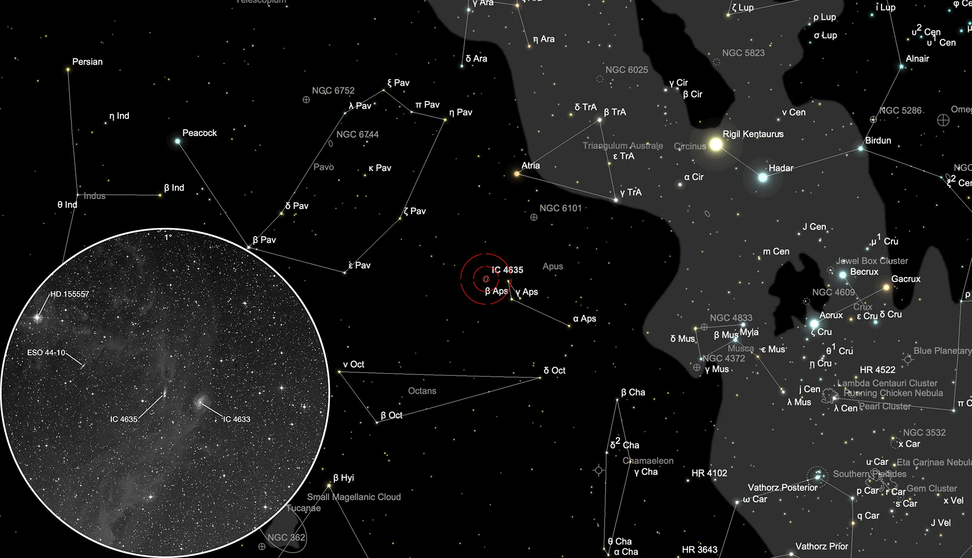 Finder Chart Galaxies IC 4633/5 with Integrated Flux Nebula