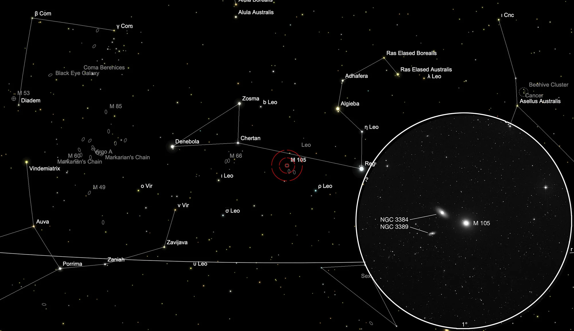 Finder Chart Galaxies Messier 105, NGC 3384 & NGC 3389