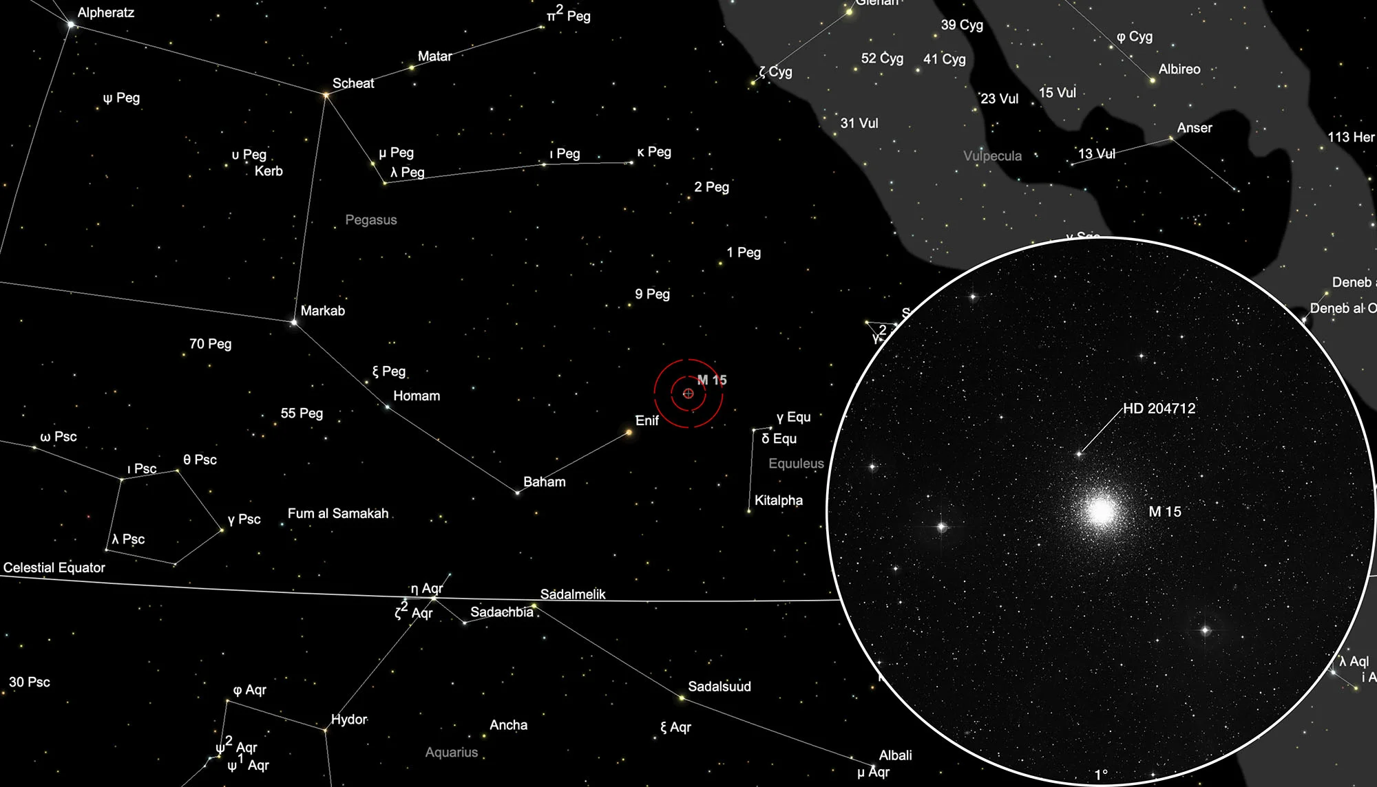 Auffindkarte Kugelsternhaufen Messier 15 & Planetarischer Nebel Pease 1