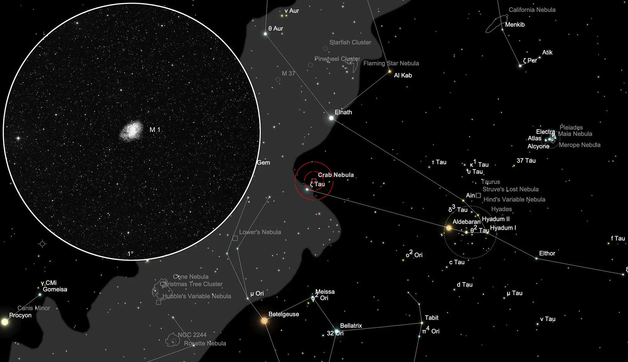 Auffindkarte Krebsnebel (Messier 1)