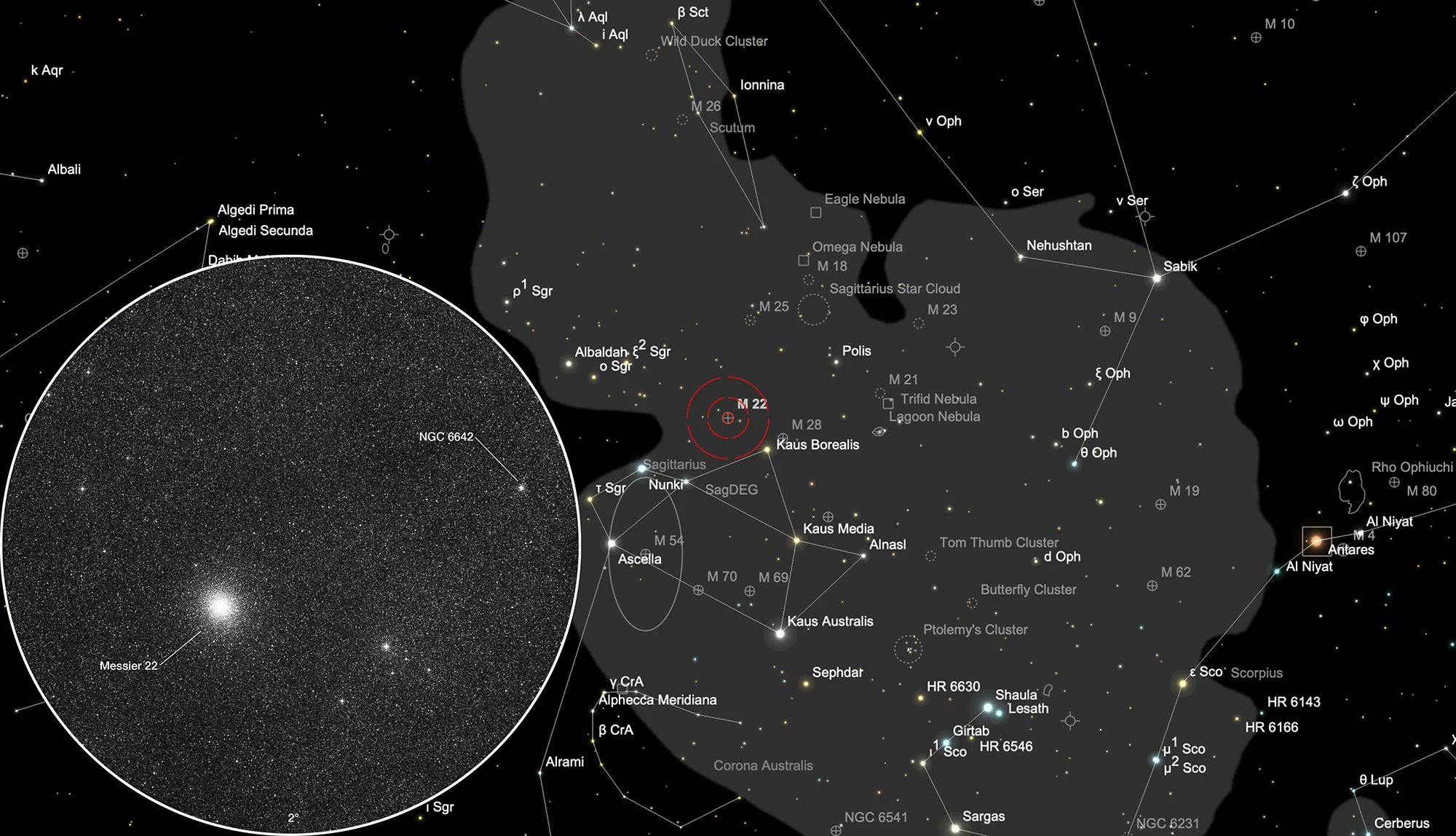 Auffindkarte Kugelsternhaufen Messier 22 & NGC 6642