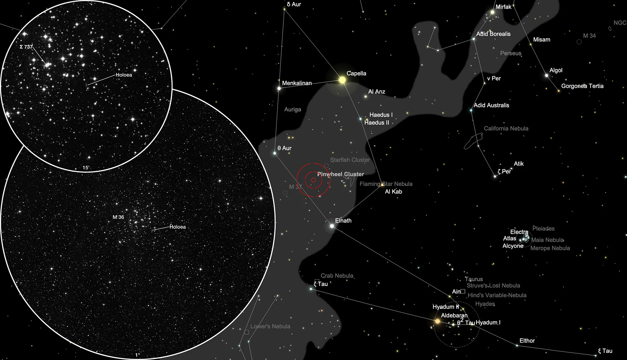 Finder Chart Pinwheel Cluster Messier 36 & Holoea (IRAS 05327+3404)