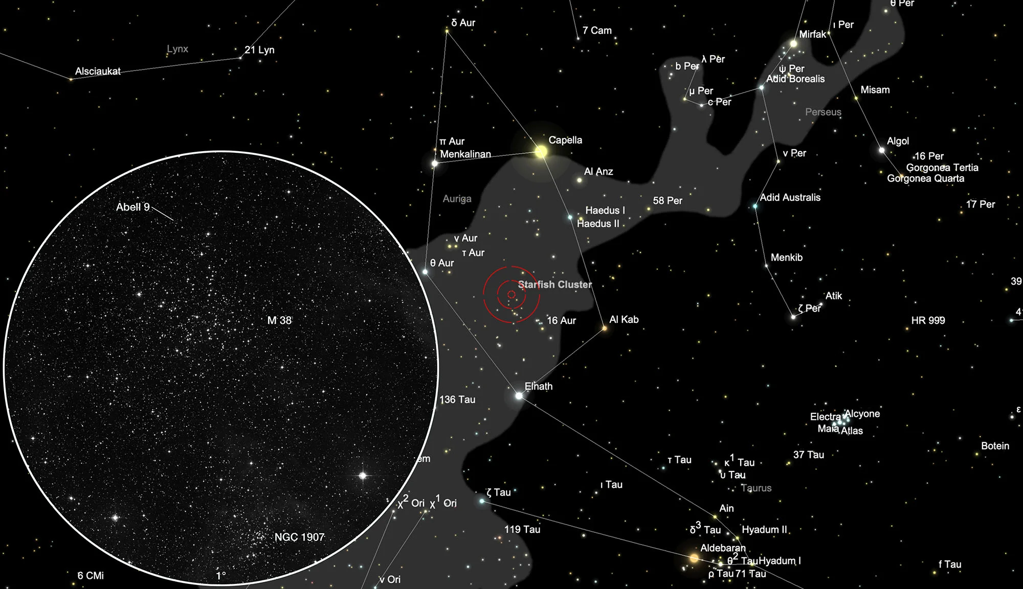 Finder Chart M 38, NGC 1907 & Abell 9