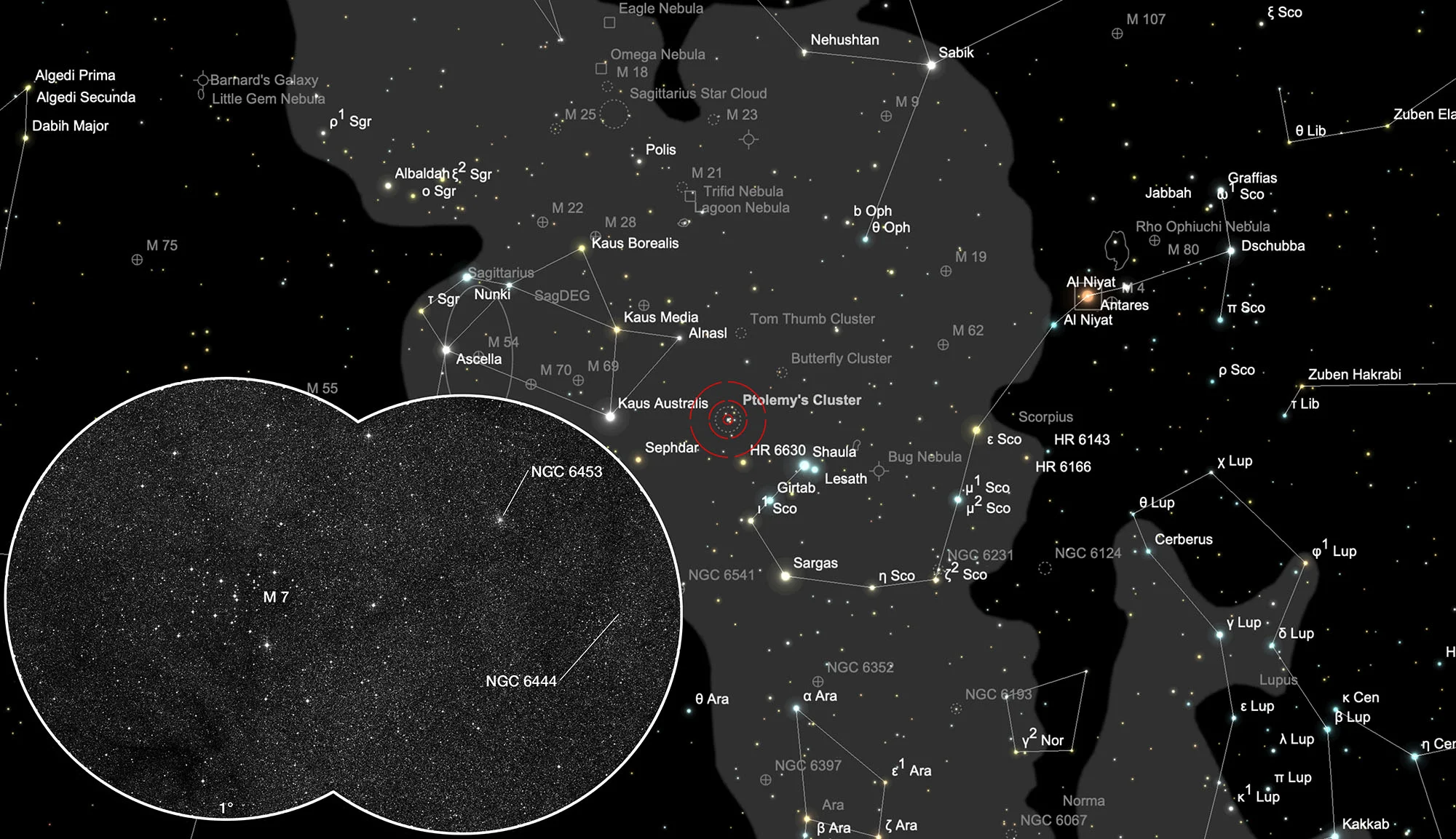 Finder Chart Clusters Messier 7, NGC 6444, NGC 6453