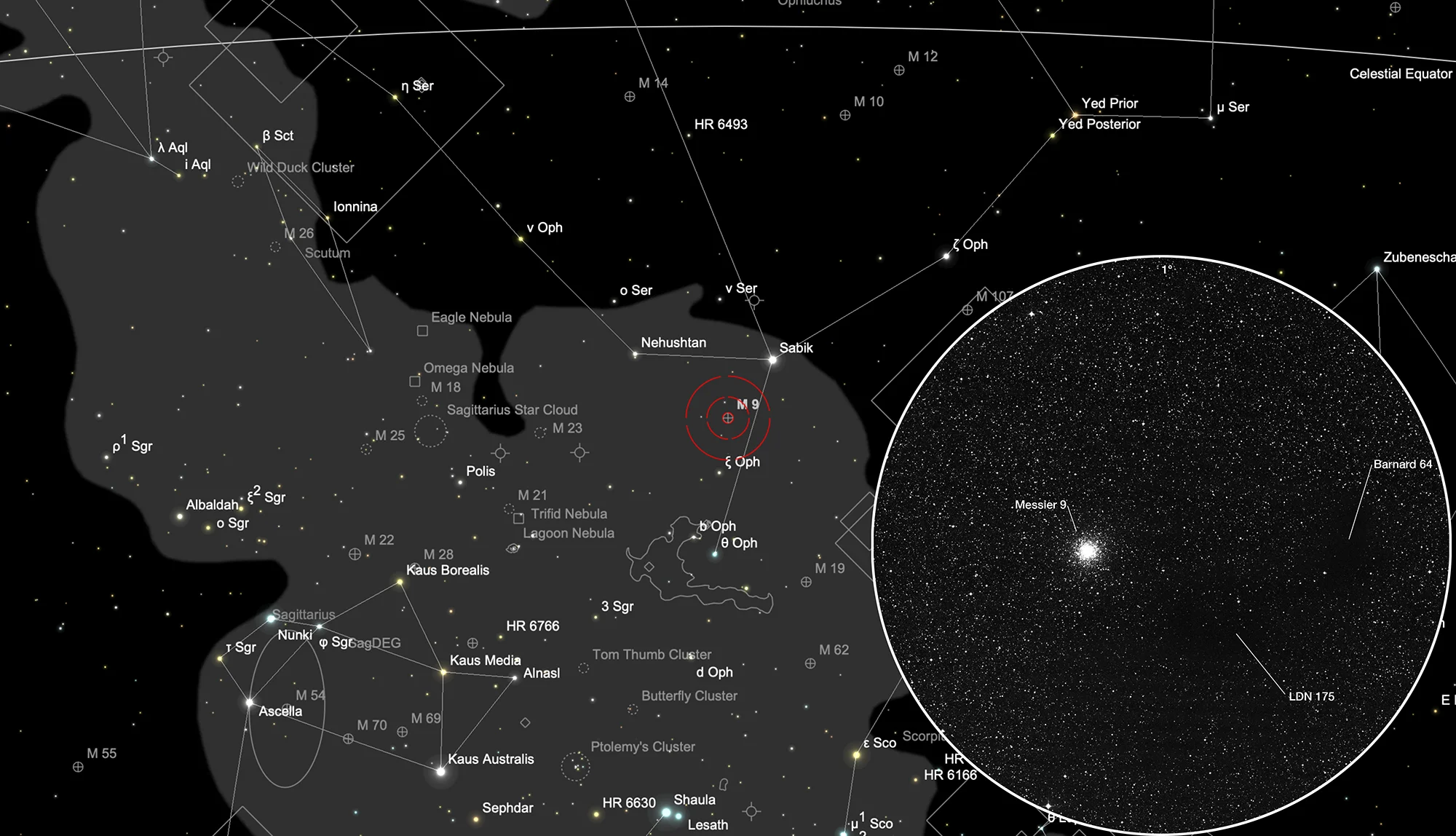 Finder Chart Globular Cluster Messier 9 & Dark Cloud Barnard 64