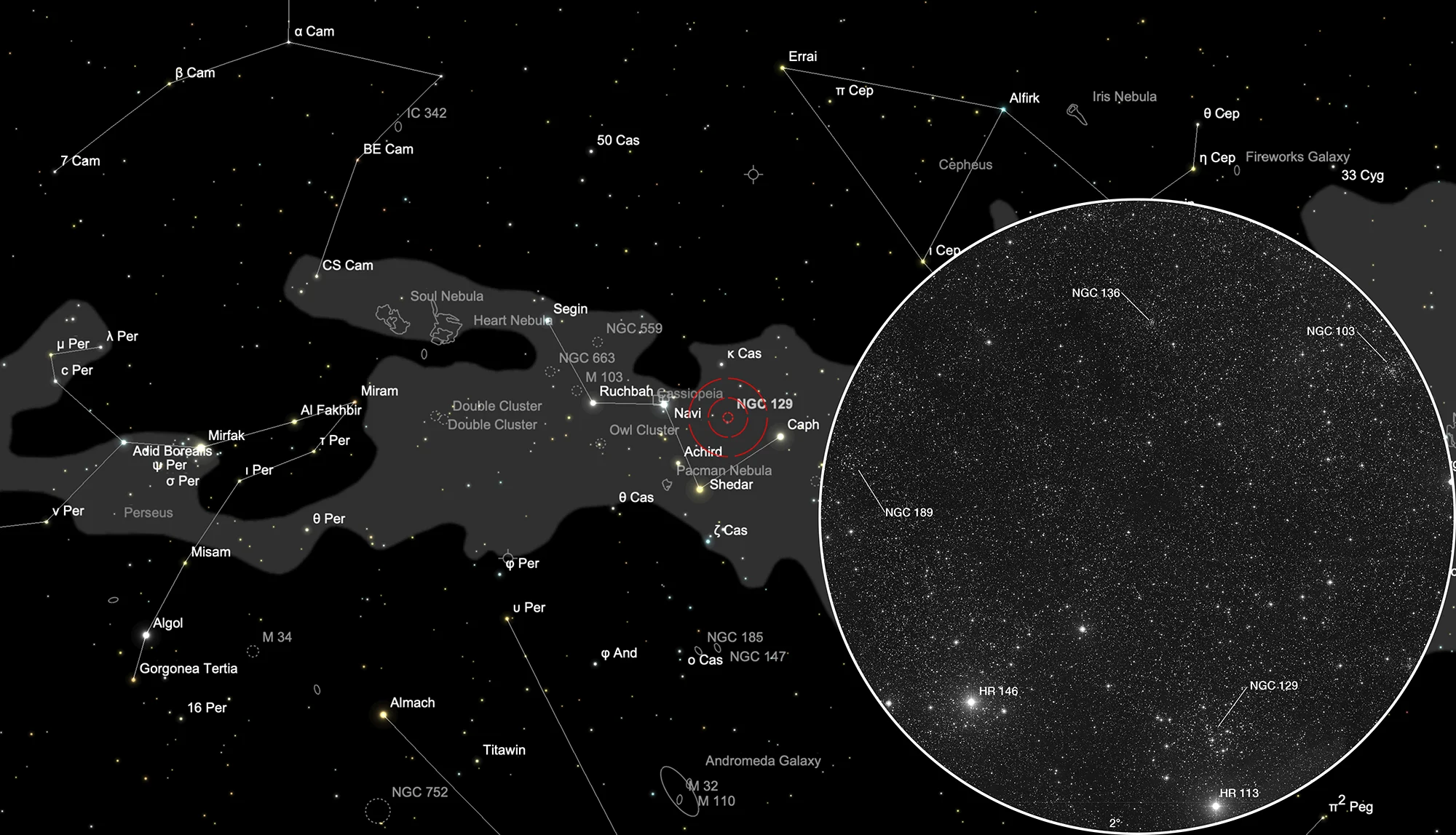 Finder Chart Open Clusters NGC 103, 129, 136, 189