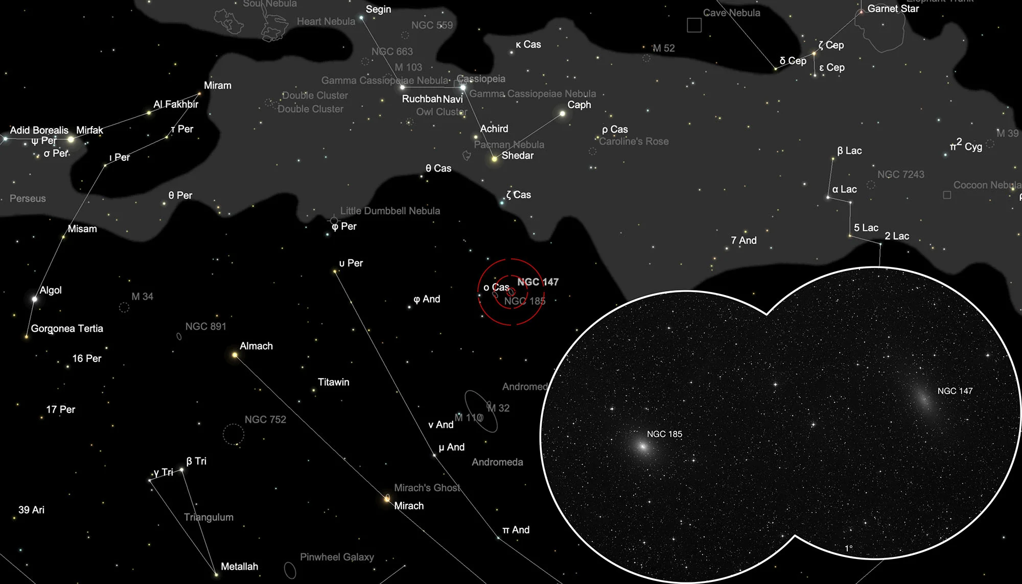 Auffindkarte Galaxien NGC 147, NGC 185