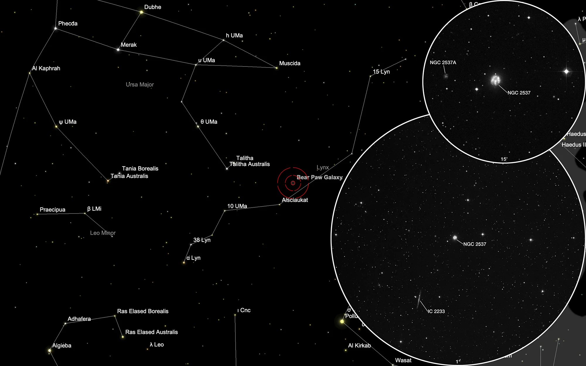 Finder Chart Bear Paw Galaxy (NGC 2537, Arp 6) & IC 2233