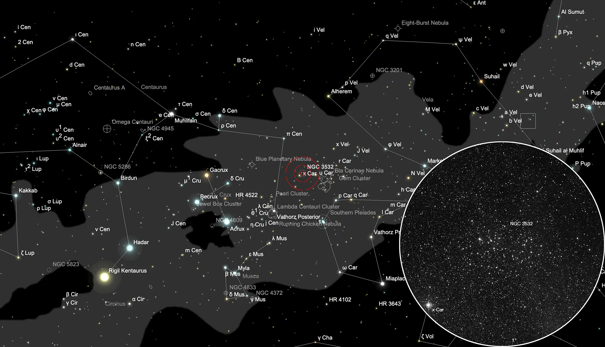 Auffindkarte Offener Sternhaufen NGC 3532