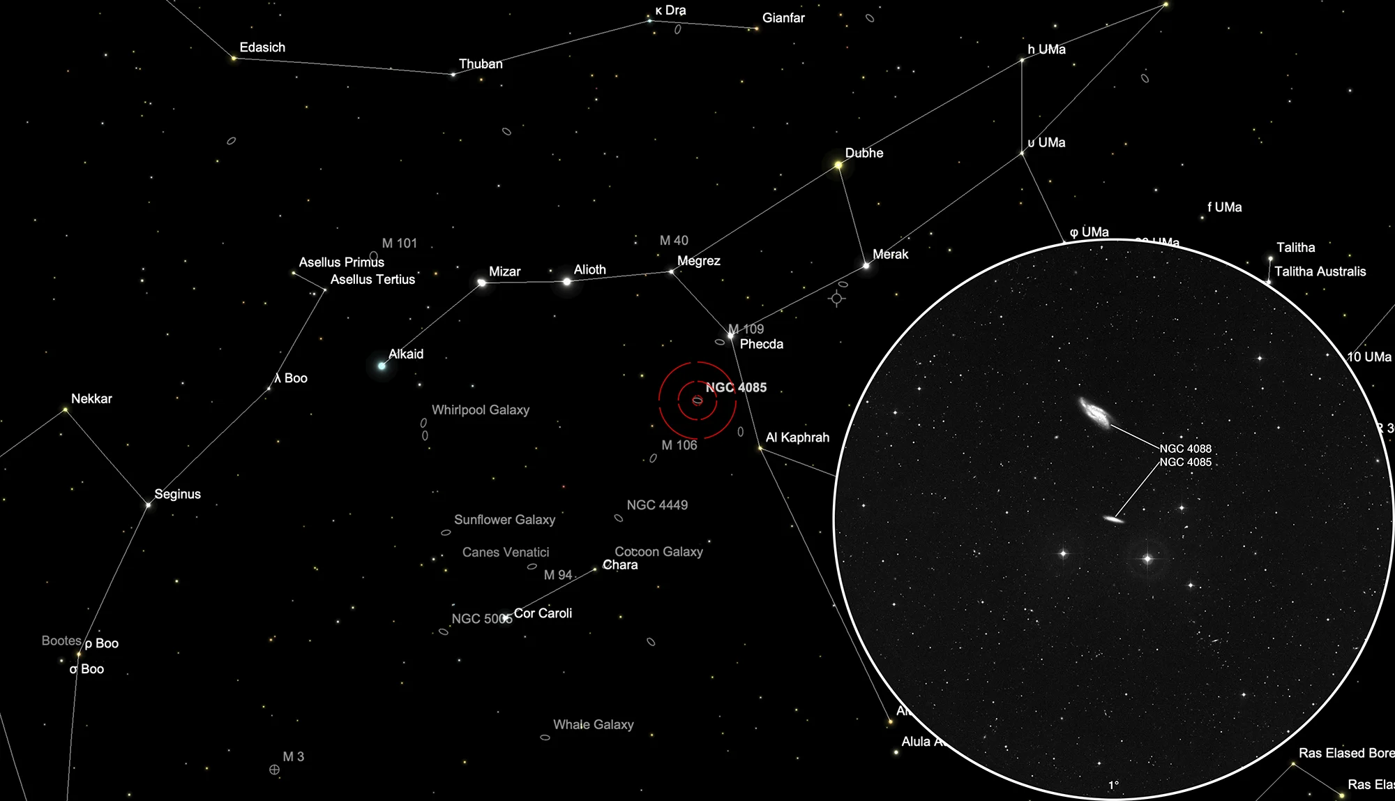 Auffindkarte Galaxien NGC 4085 & NGC 4088 (Arp 18)