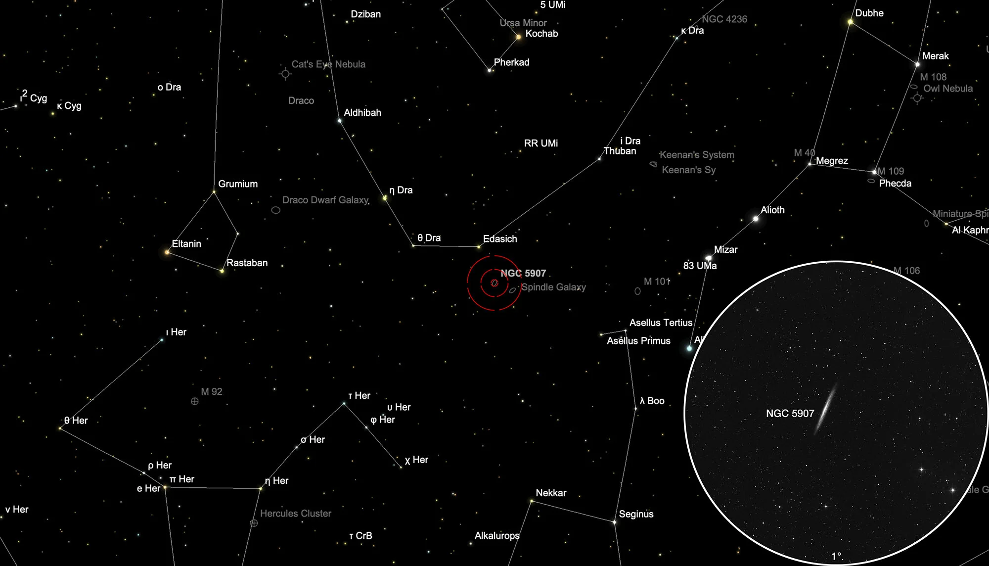 Finder Chart Knife Edge Galaxy, Splinter Galaxy (NGC 5907)