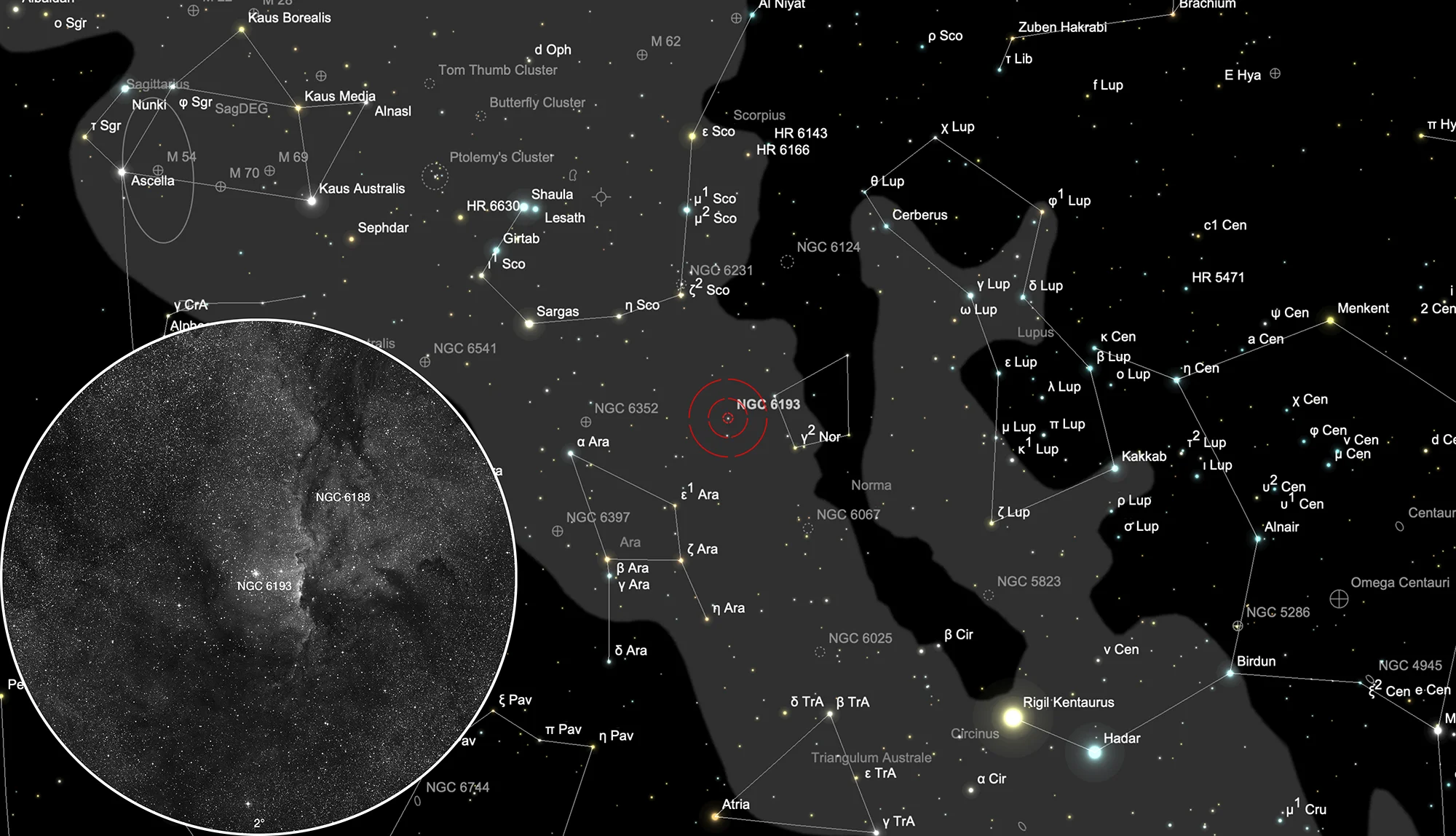 Finder Chart Open Cluster NGC 6193 & Rim Nebula NGC 6188