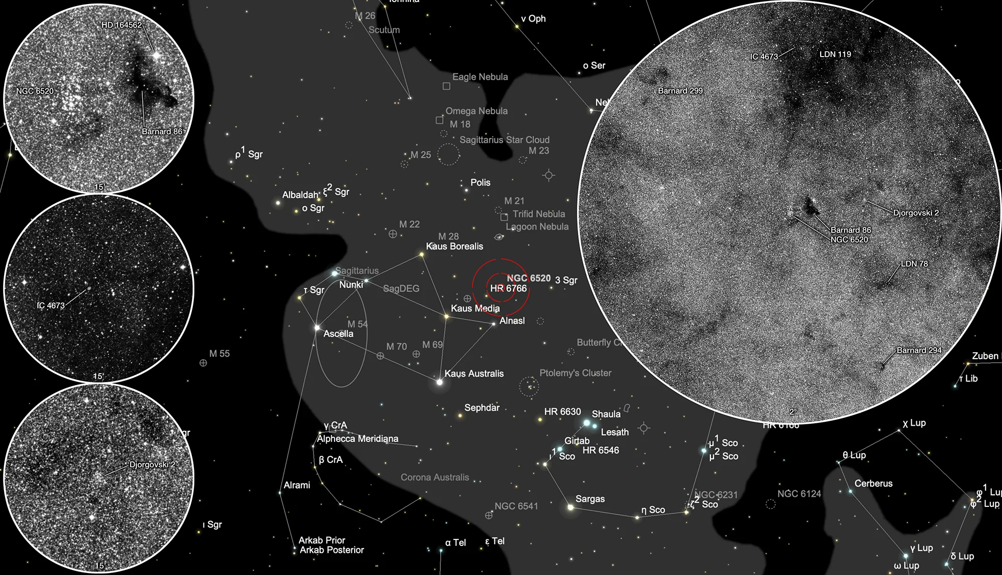 Finder Chart Open Cluster NGC 6520 & Ink Spot Nebula Barnard 86