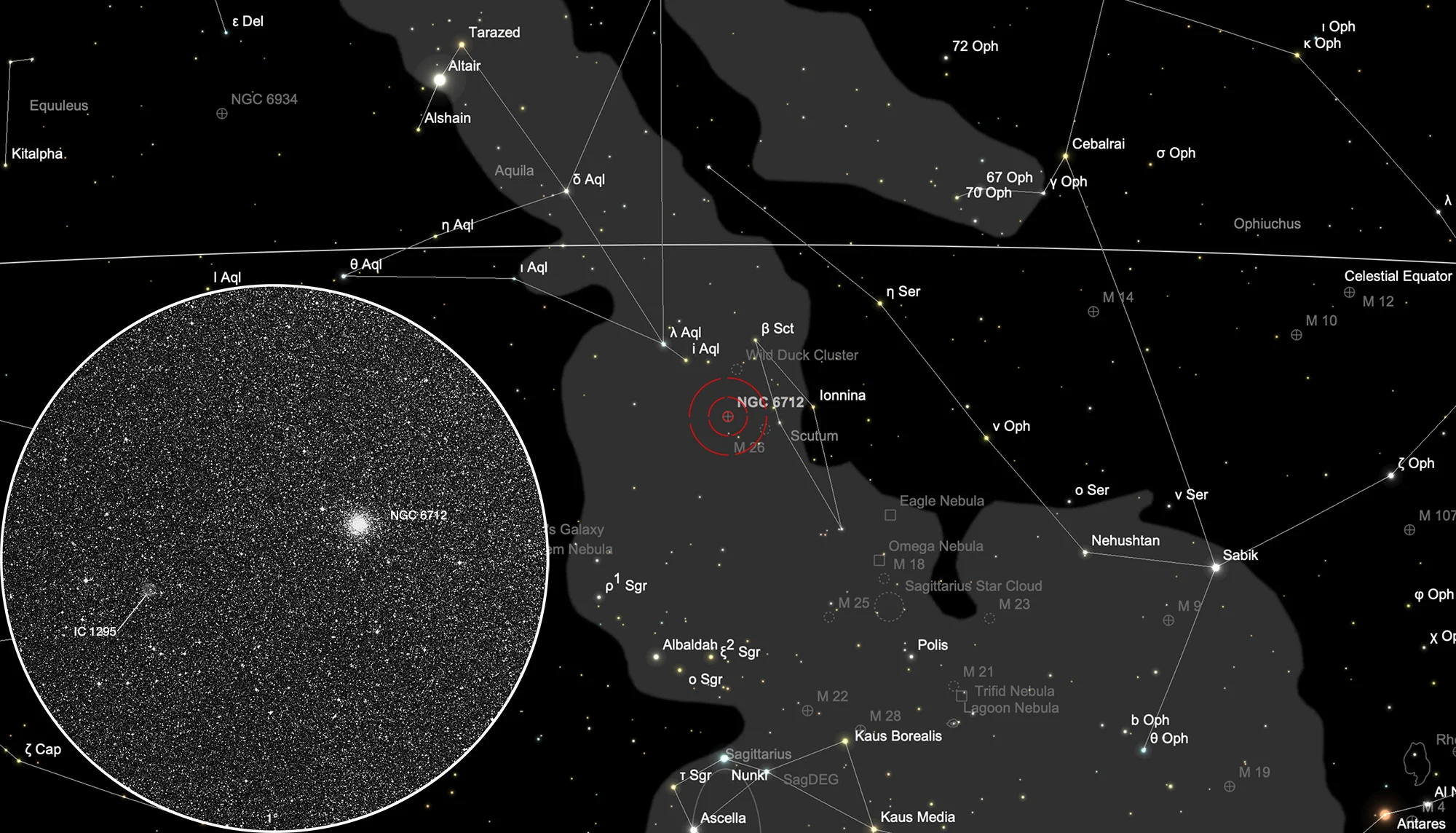 Finder Chart Globular Cluster NGC 6712 & PNs IC 1295, Kohoutek 4-8