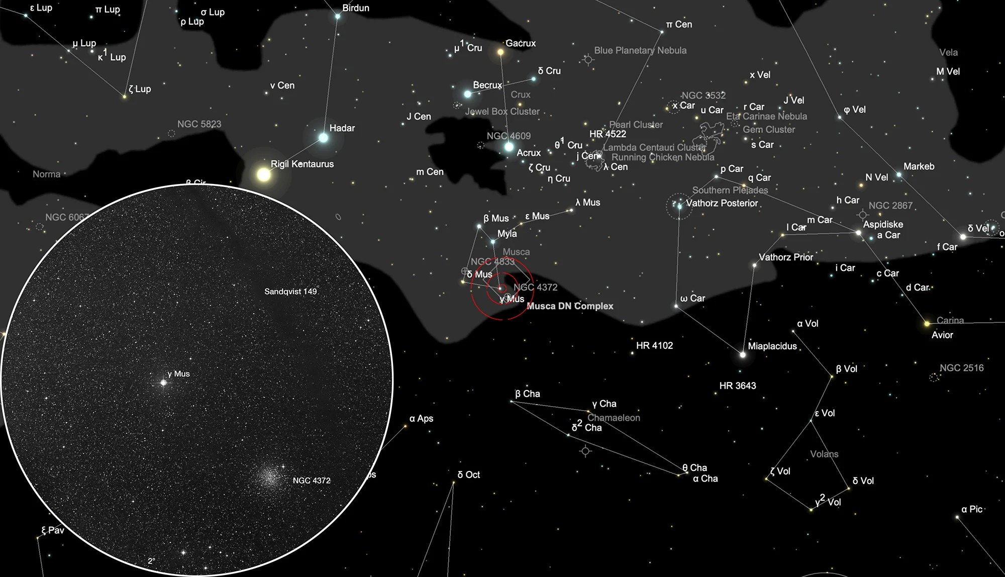 Finder Chart Dark Doodad (Sandqvist 149) & Globular Cluster NGC 4372
