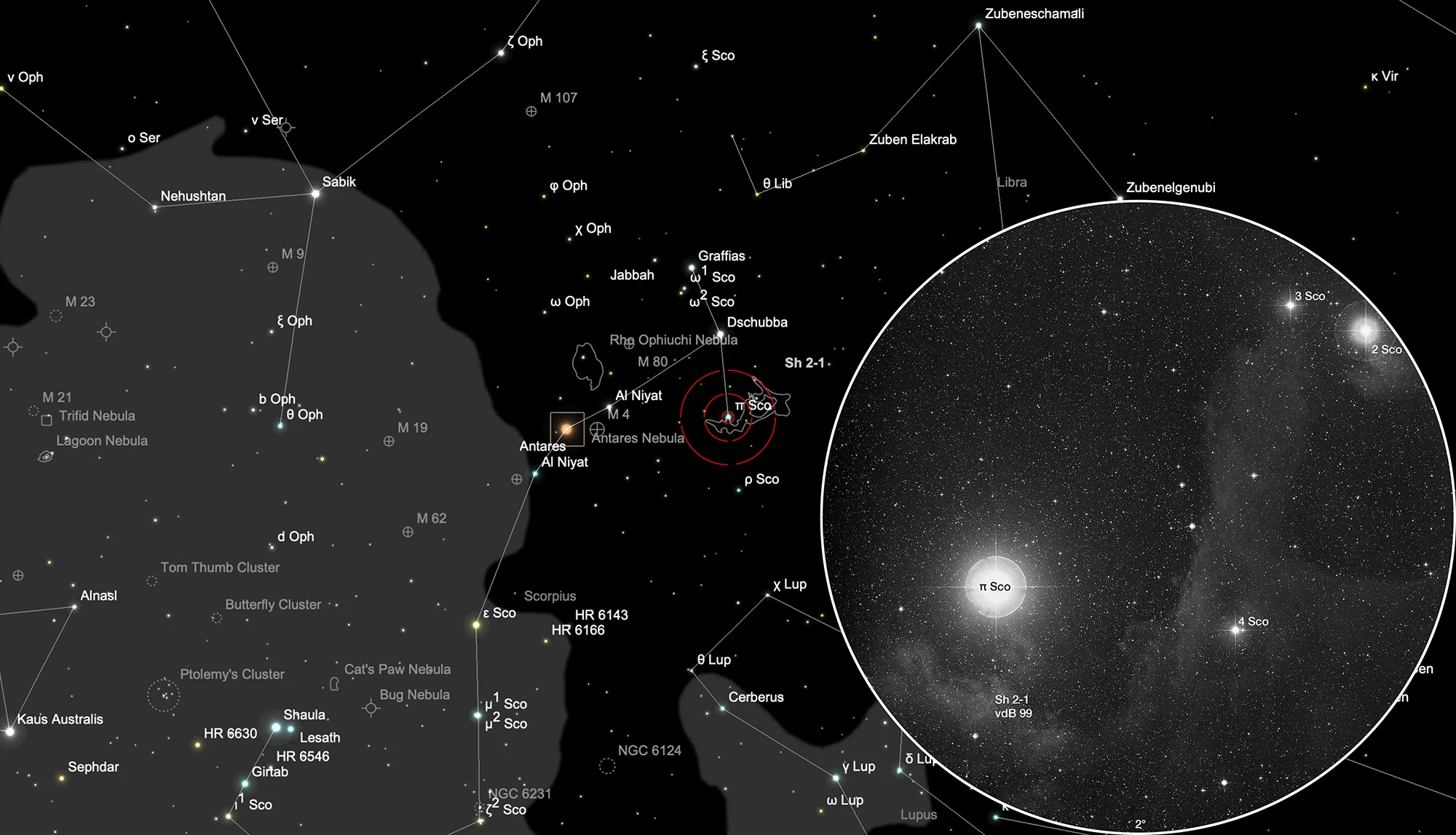 Finder Chart Pi Scorpii Nebula (Sh 2-1, vdB 99)