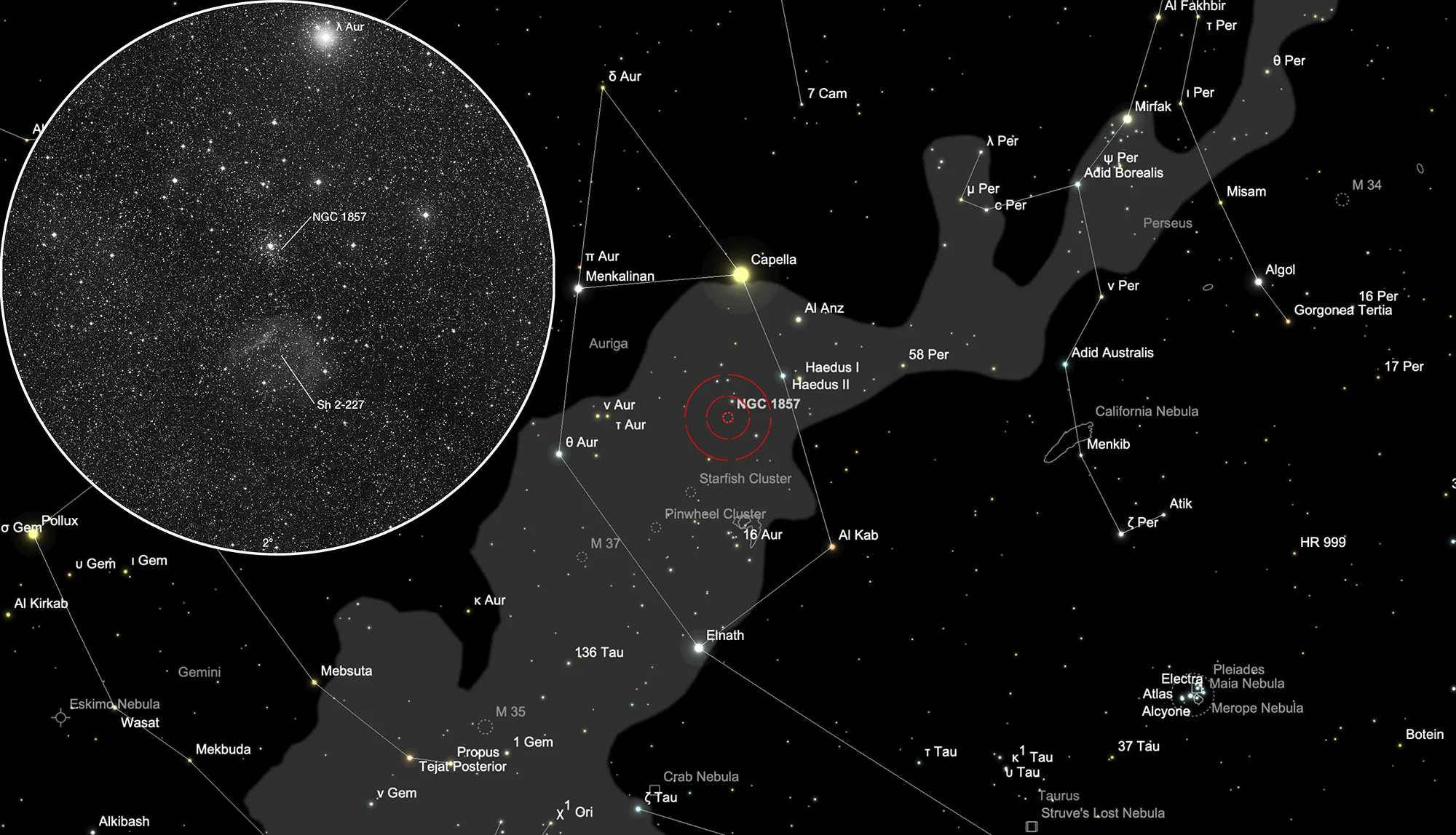 Finder Chart Galactic Nebula Sh 2-227 & Open Cluster NGC 1857