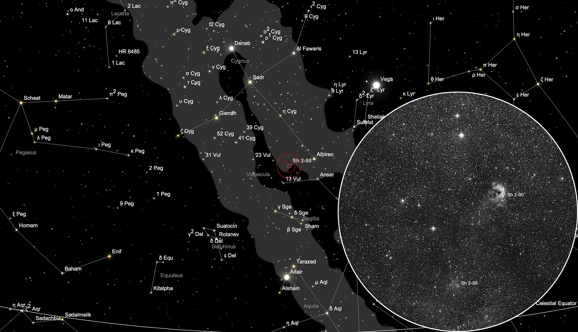 Finder Chart Galactic Nebulae Sh 2-89 & Sh 2-90