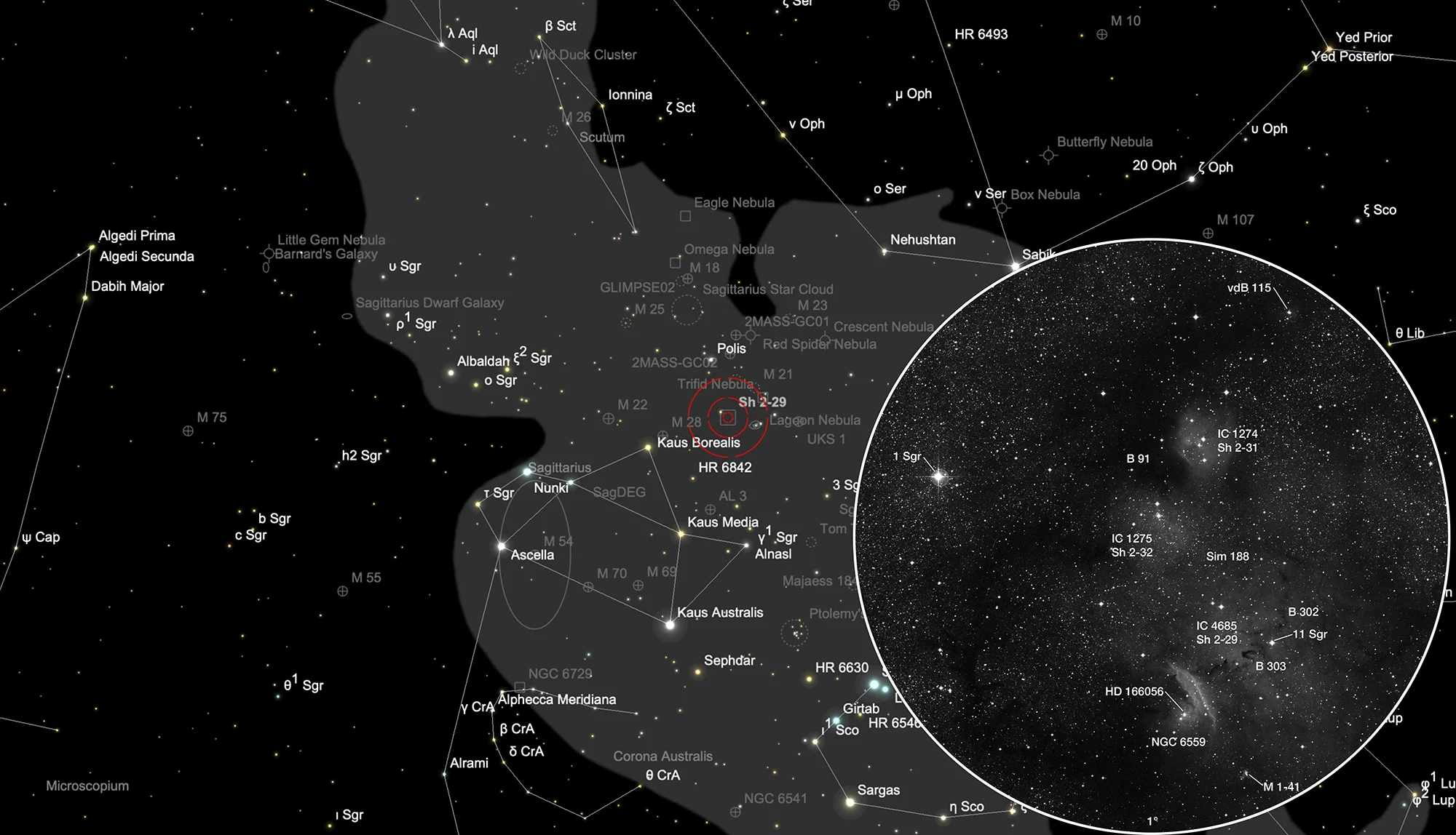 Finder Chart Psychedelic Nebula (Simeis 188) & Minkowski 1-41