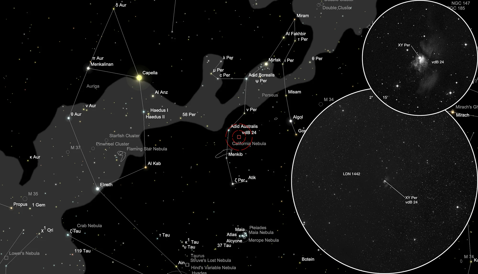Finder Chart Reflection Nebula vdB 24 + Dark Cloud LDN 1442